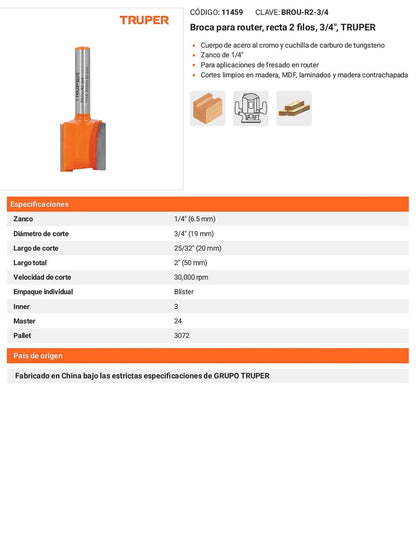 Broca para router recta 2 filos 3/4"