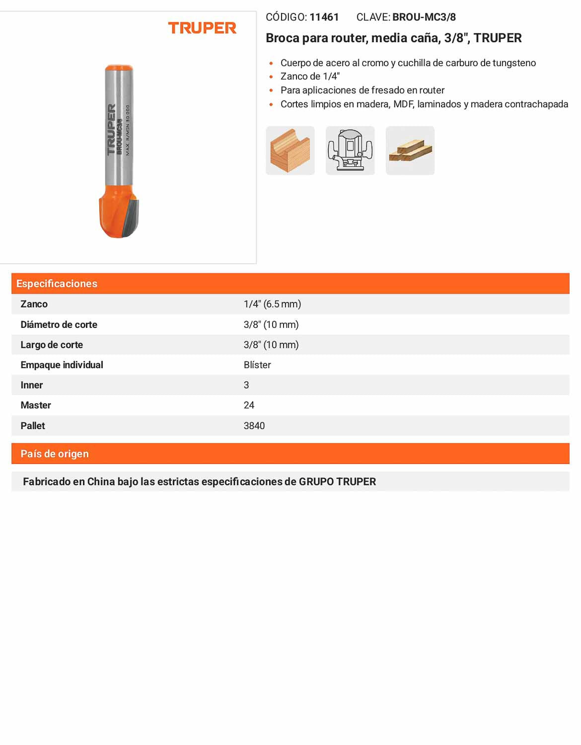 Broca para router media caña 3/8"