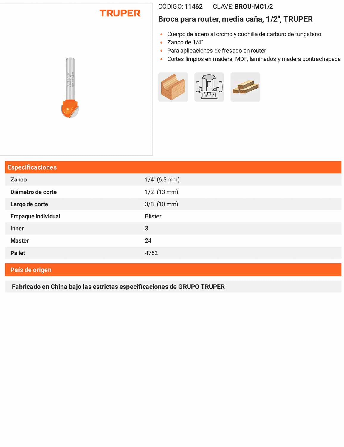 Broca para router media caña 1/2"