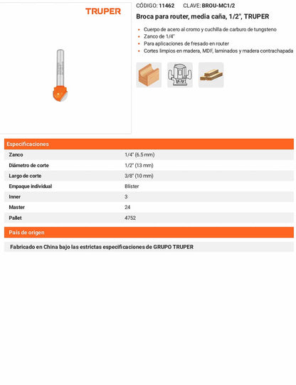 Broca para router media caña 1/2"