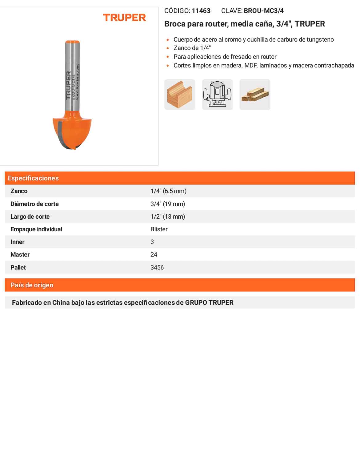Broca para router media caña 3/4"