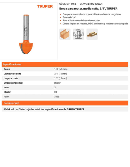 Broca para router media caña 3/4"