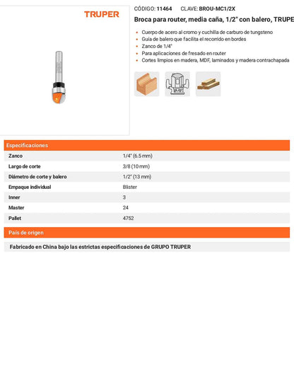 Broca para router media caña 1/2 pulg. con balero