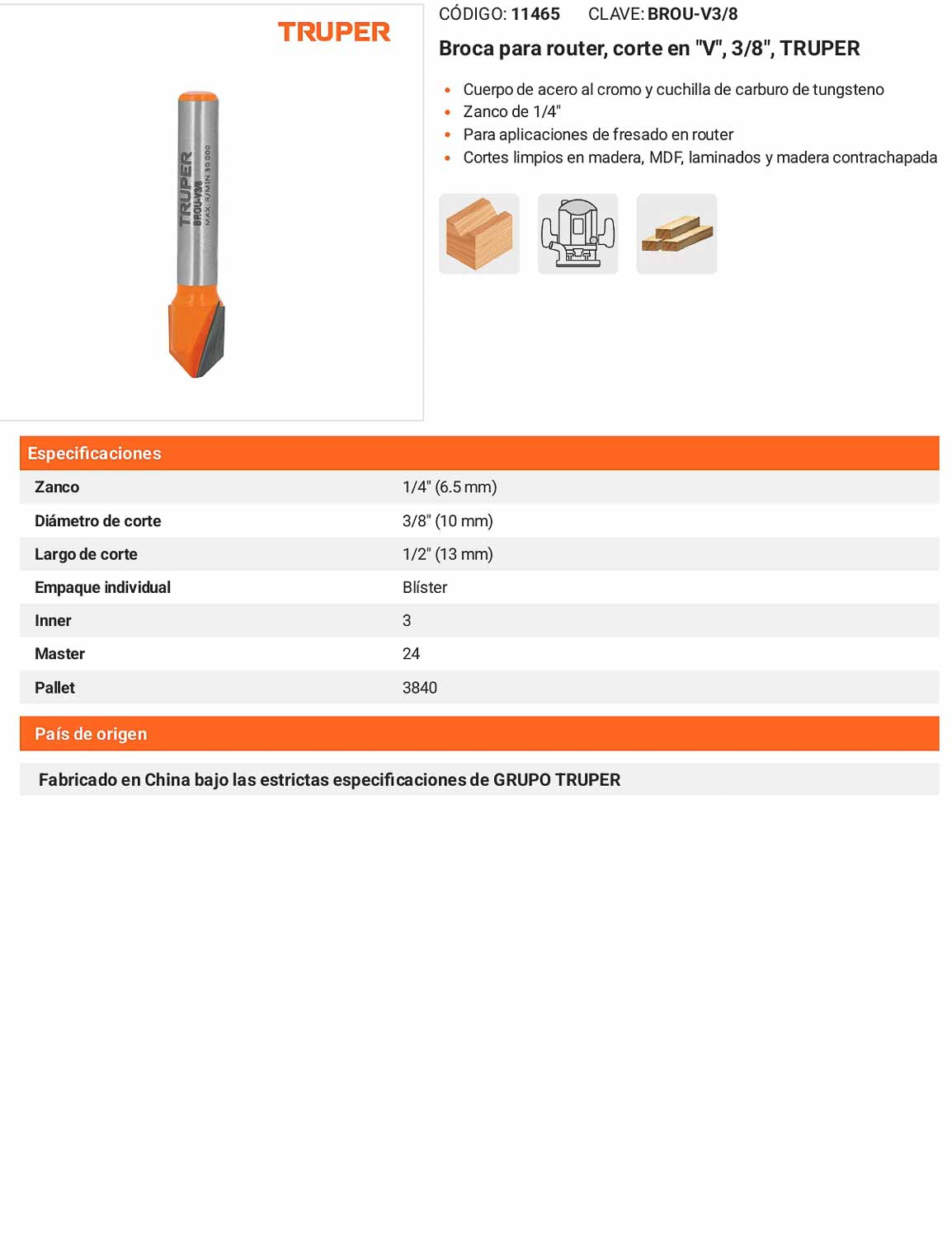 Broca para router corte en "V" 3/8"