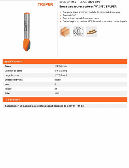 Broca para router corte en "V" 3/8"