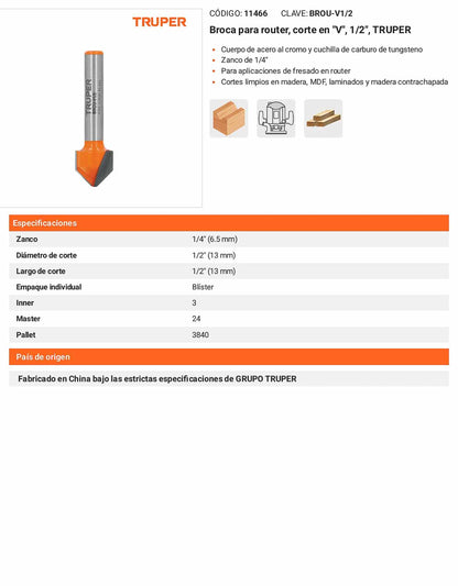Broca para router corte en "V" 1/2"