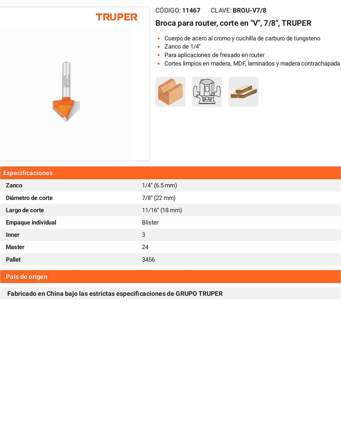 Broca para router corte en "V" 7/8"
