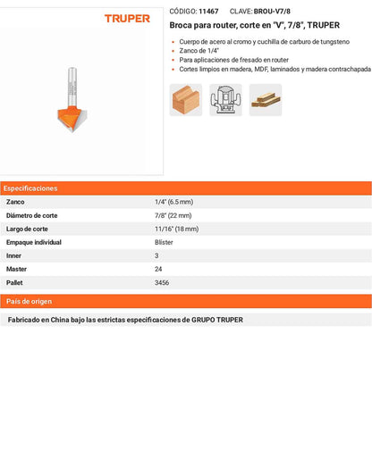 Broca para router corte en "V" 7/8"