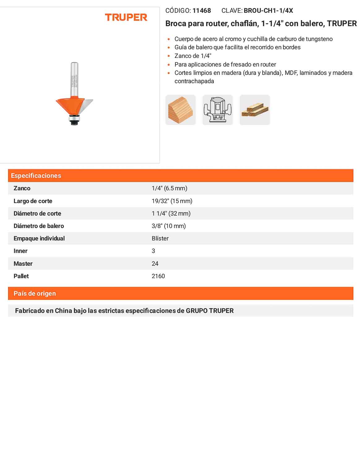 Broca para router chaflán 1-1/4" con balero
