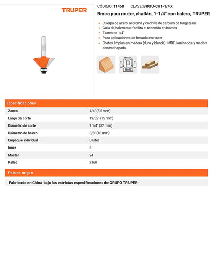 Broca para router chaflán 1-1/4" con balero
