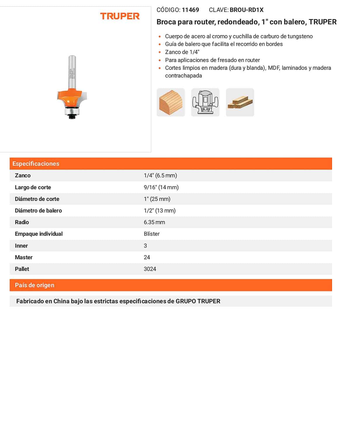 Broca para router redondeado 1" con balero