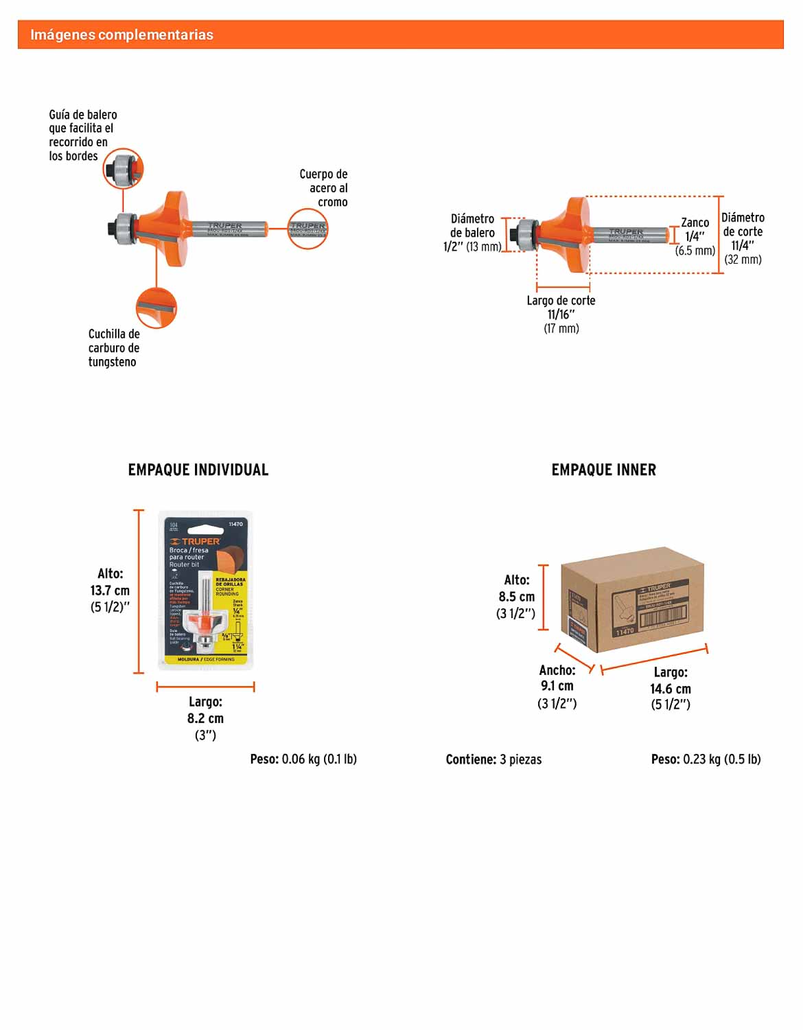 Broca para router redondeado 1-1/4" con balero