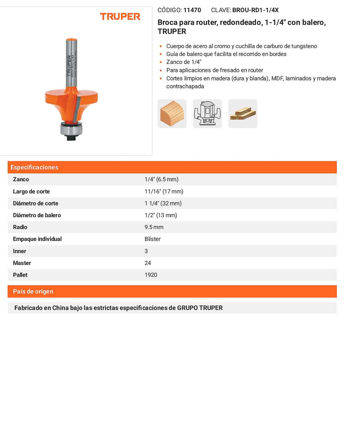 Broca para router redondeado 1-1/4" con balero
