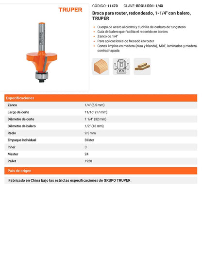 Broca para router redondeado 1-1/4" con balero