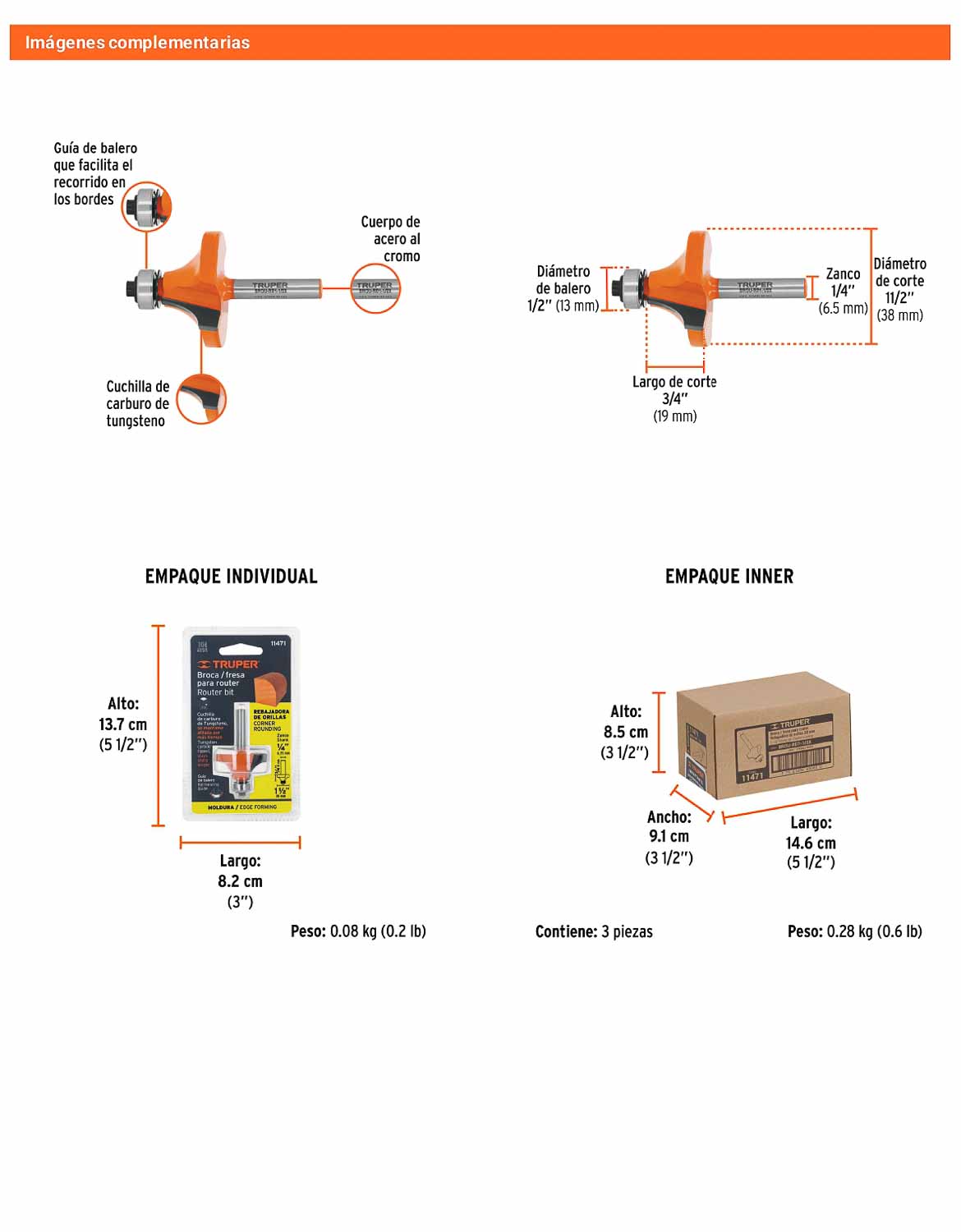 Broca para router redondeado 1-1/2" con balero