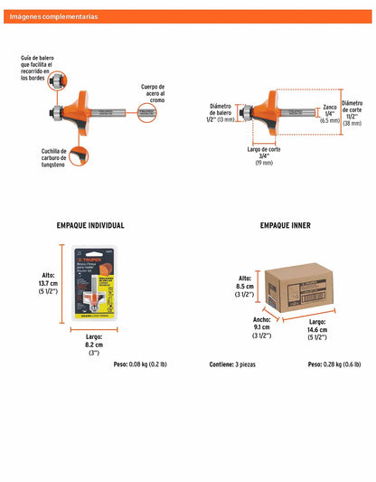 Broca para router redondeado 1-1/2" con balero