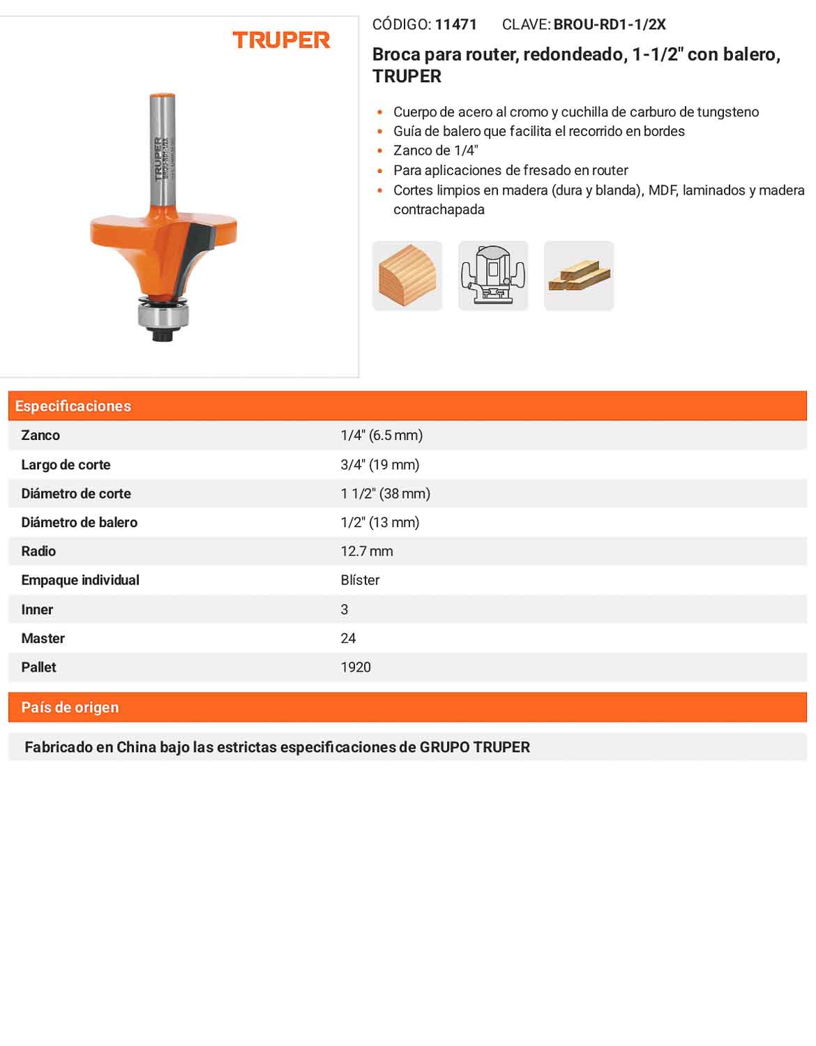 Broca para router redondeado 1-1/2" con balero