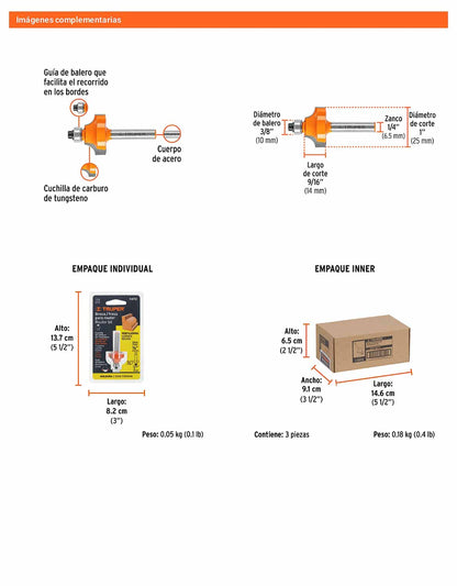 Broca para router redondeado con moldura 1"