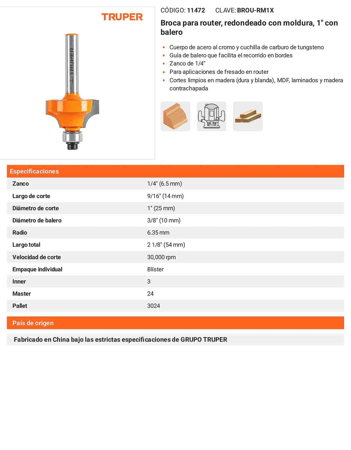 Broca para router redondeado con moldura 1"