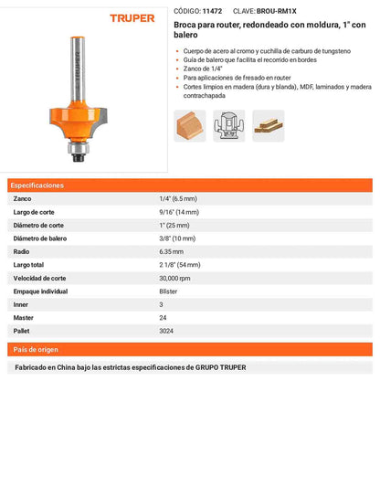 Broca para router redondeado con moldura 1"