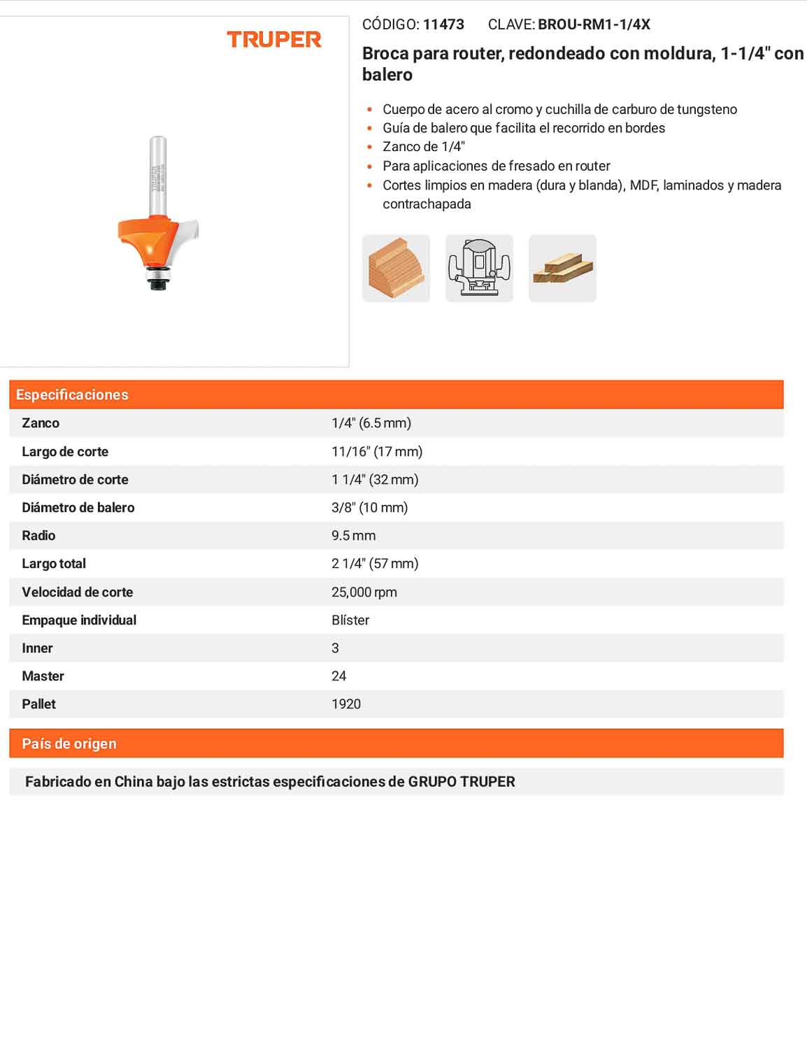 Broca para router redondeado con moldura 1-1/4"