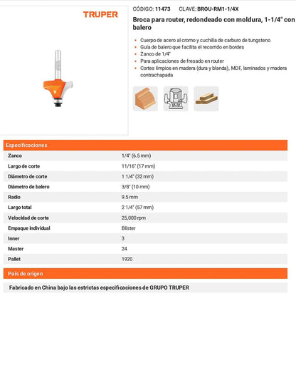 Broca para router redondeado con moldura 1-1/4"