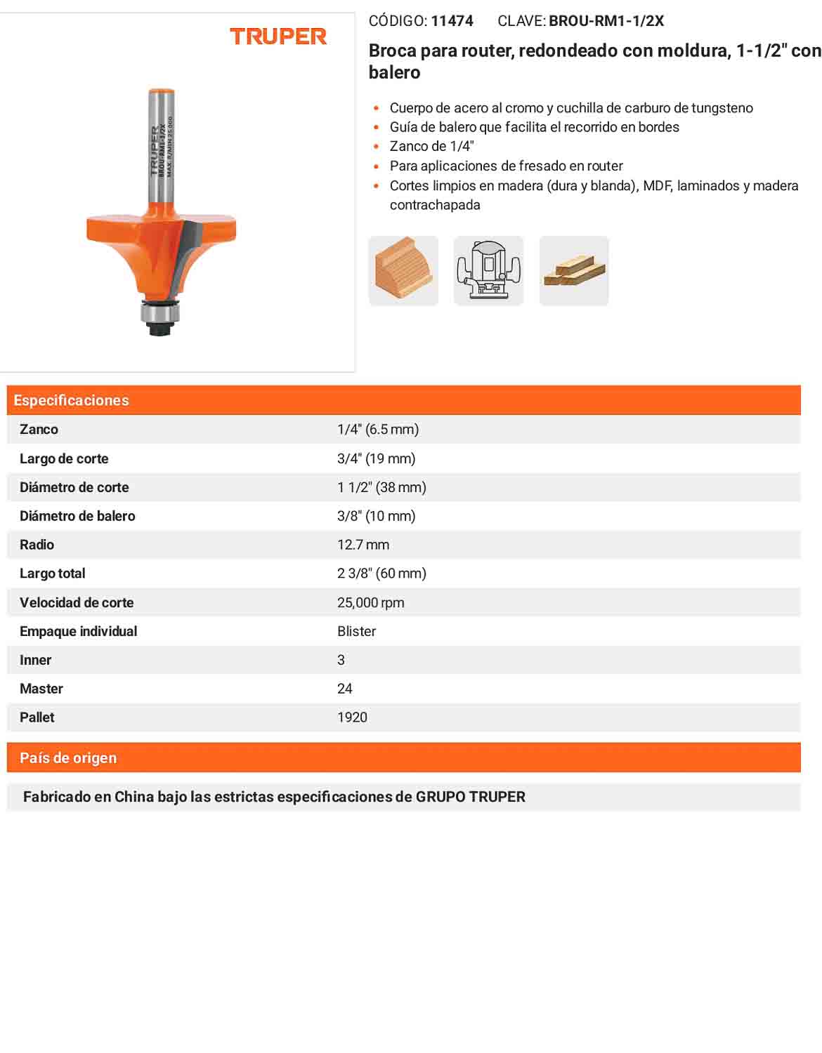 Broca para router redondeado con moldura 1-1/2"