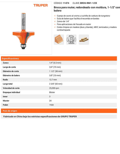 Broca para router redondeado con moldura 1-1/2"