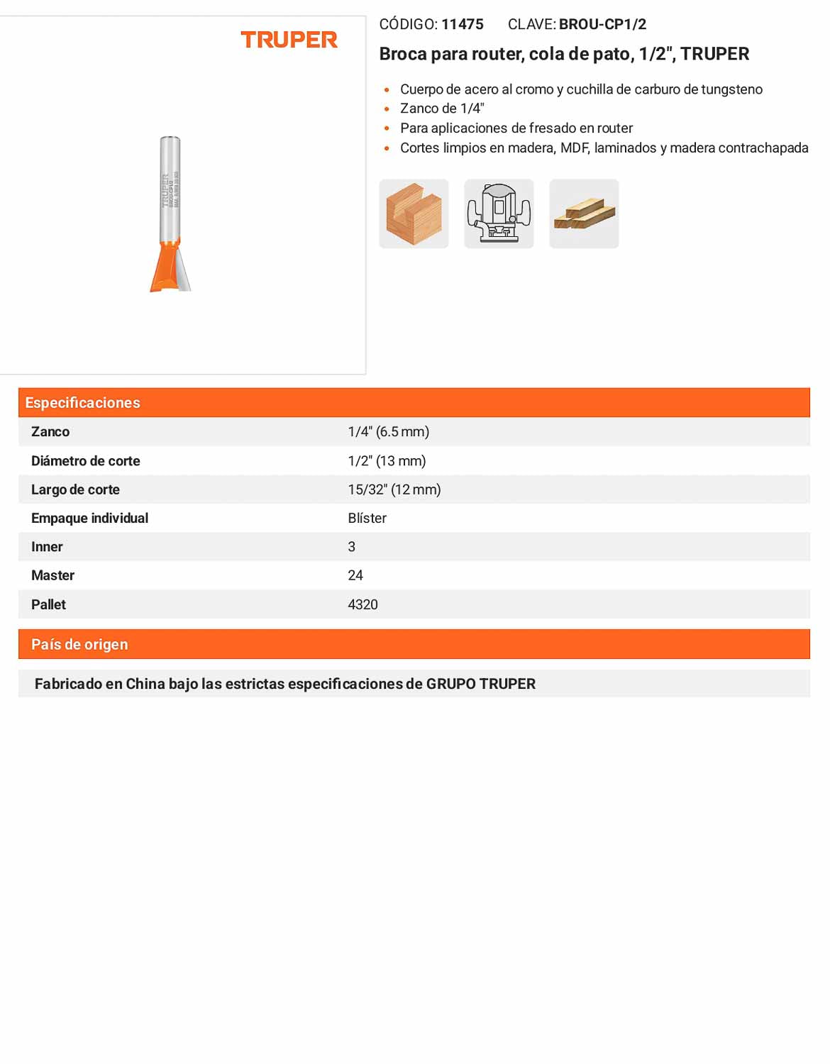 Broca para router cola de pato 1/2"