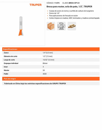 Broca para router cola de pato 1/2"
