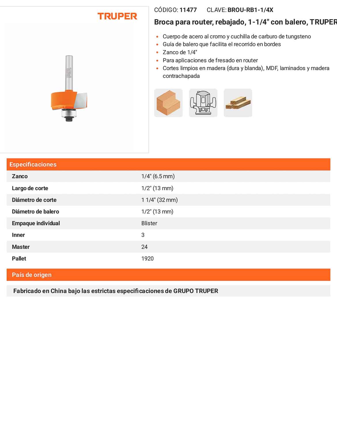 Broca para router rebajado 1-1/4" con balero