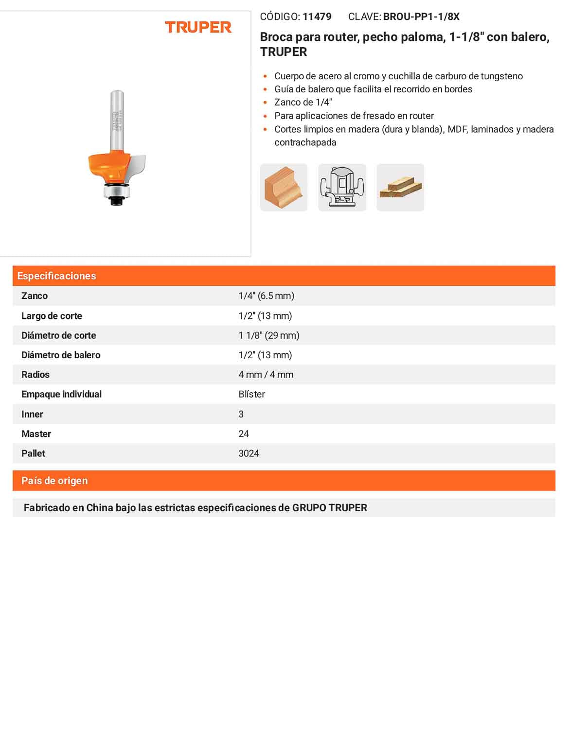 Broca para router pecho paloma 1-1/8"