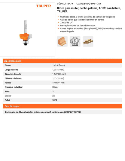 Broca para router pecho paloma 1-1/8"