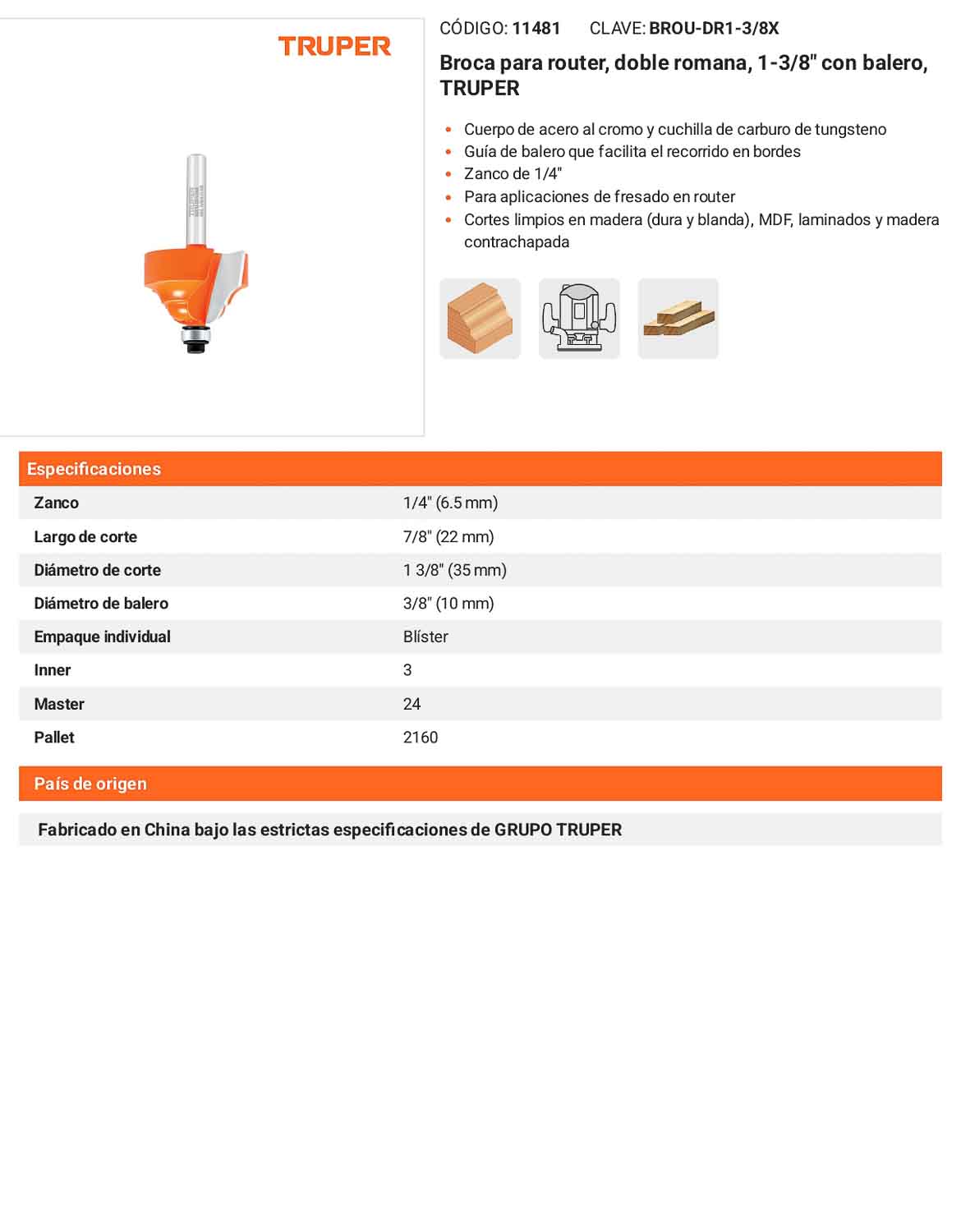 Broca para router doble romana 1-3/8"