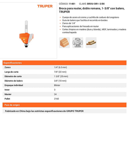 Broca para router doble romana 1-3/8"