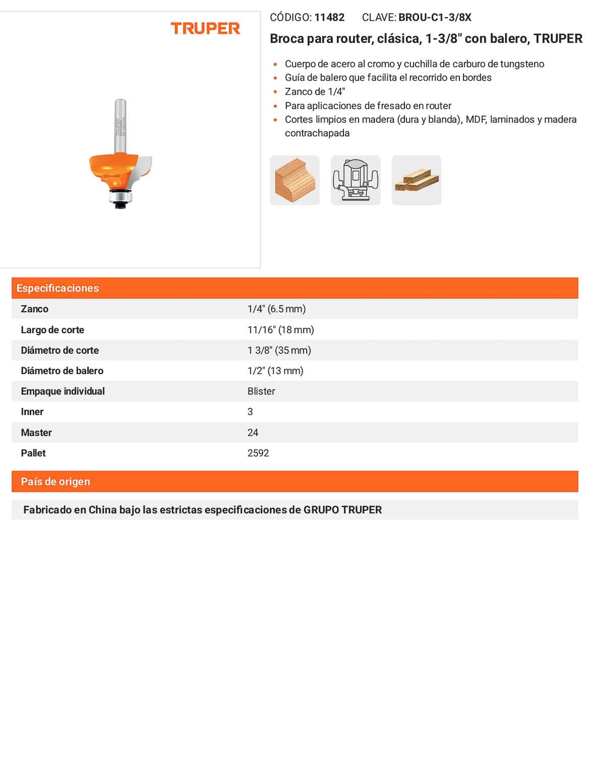 Broca para router clásica 1-3/8" con balero