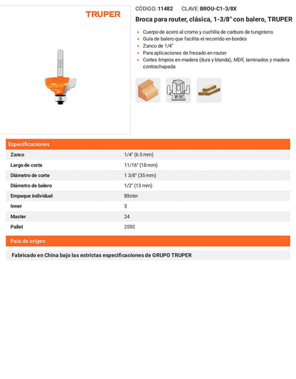 Broca para router clásica 1-3/8" con balero