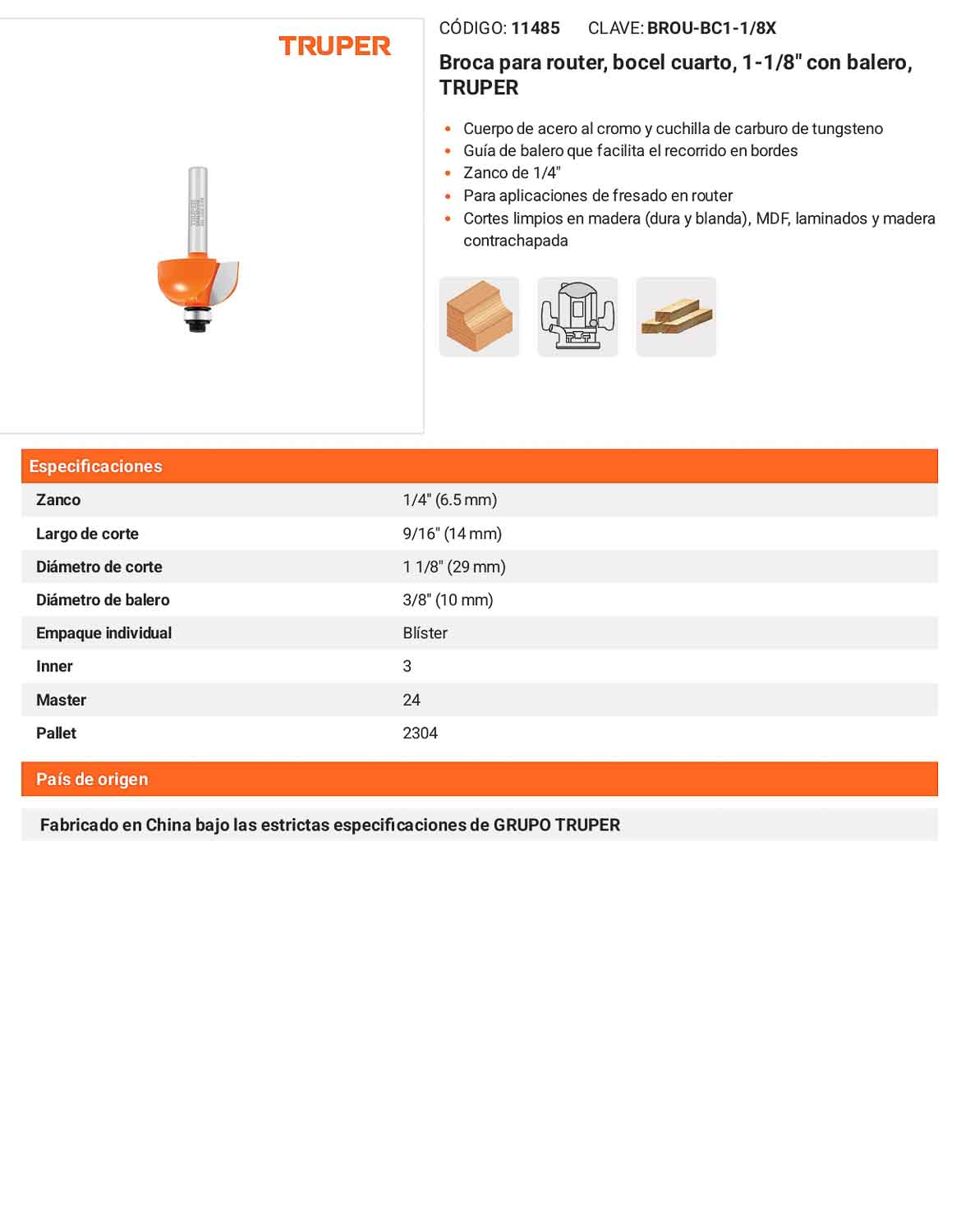 Broca para router bocel cuarto 1-1/8"
