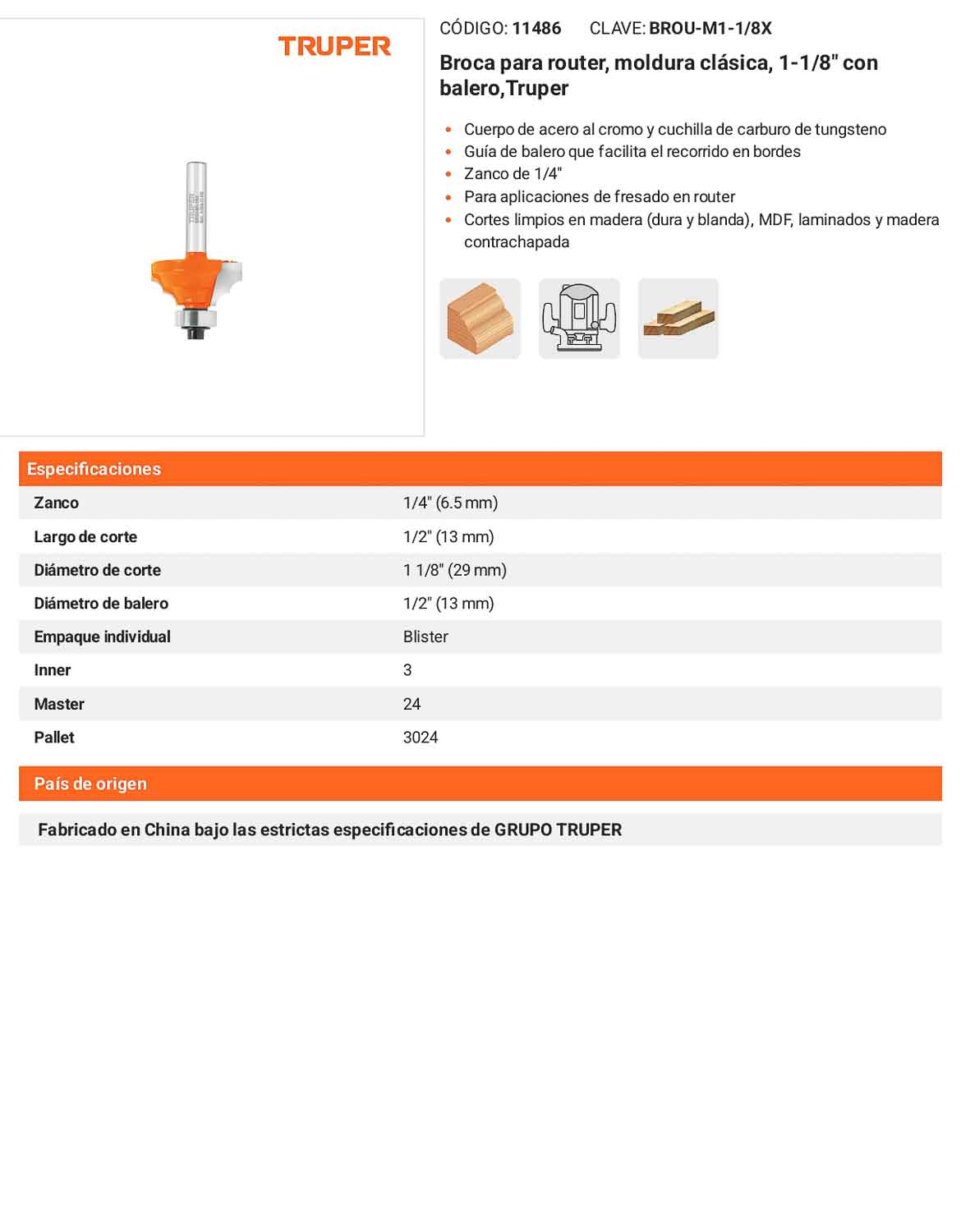 Broca para router moldura clásica 1-1/8"