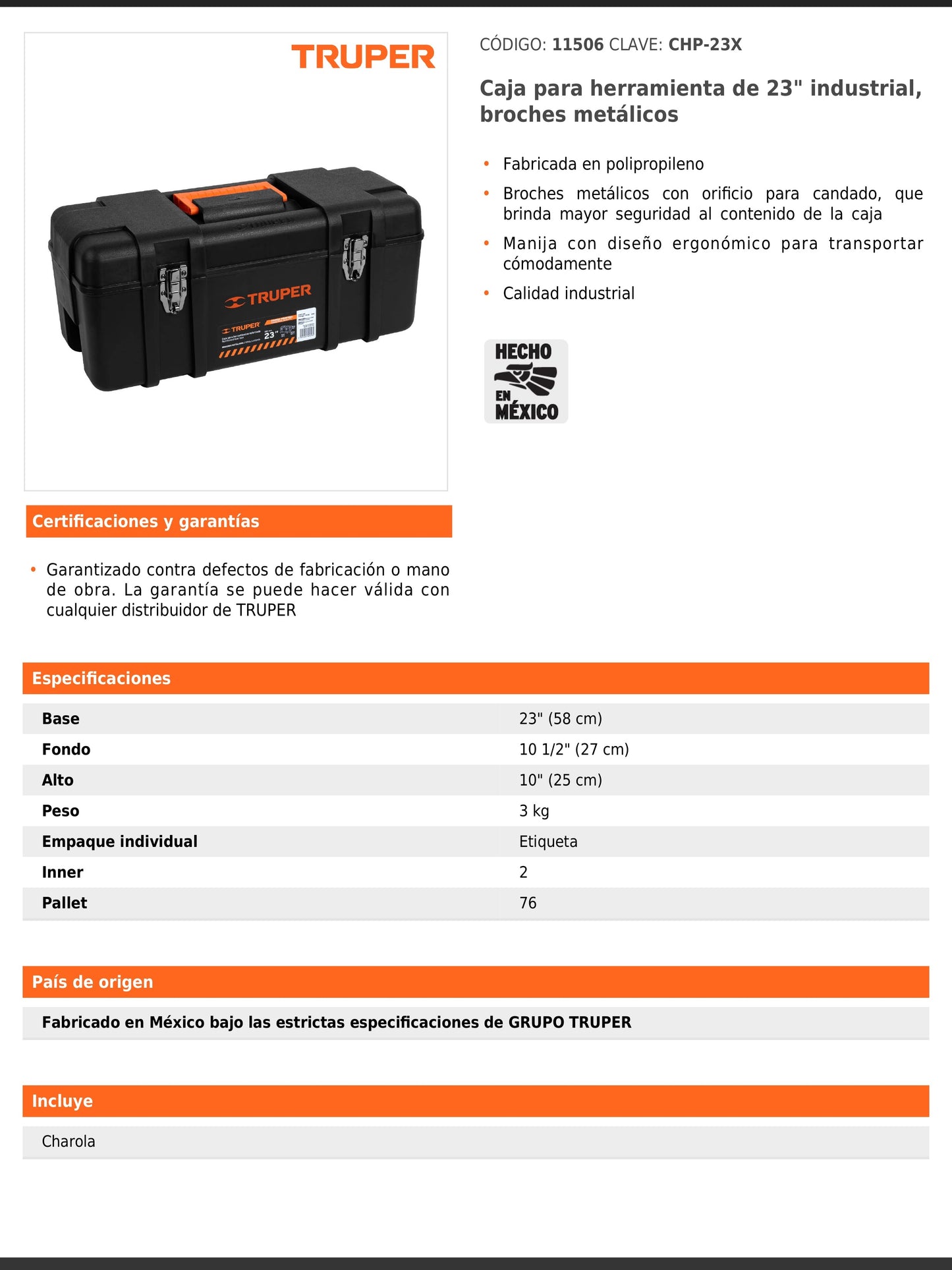Caja para herramienta de 58 cm industrial con broches metálicos