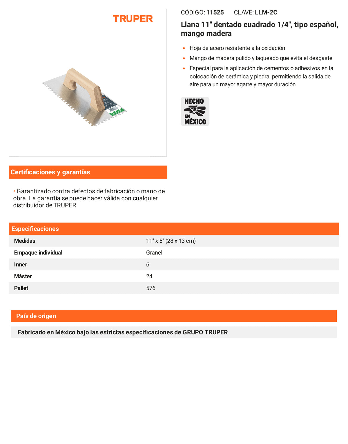 Ficha tecnica - Llana 11 pulg dentado cuadrado 1/4 pulg tipo espanol - SKU 11525