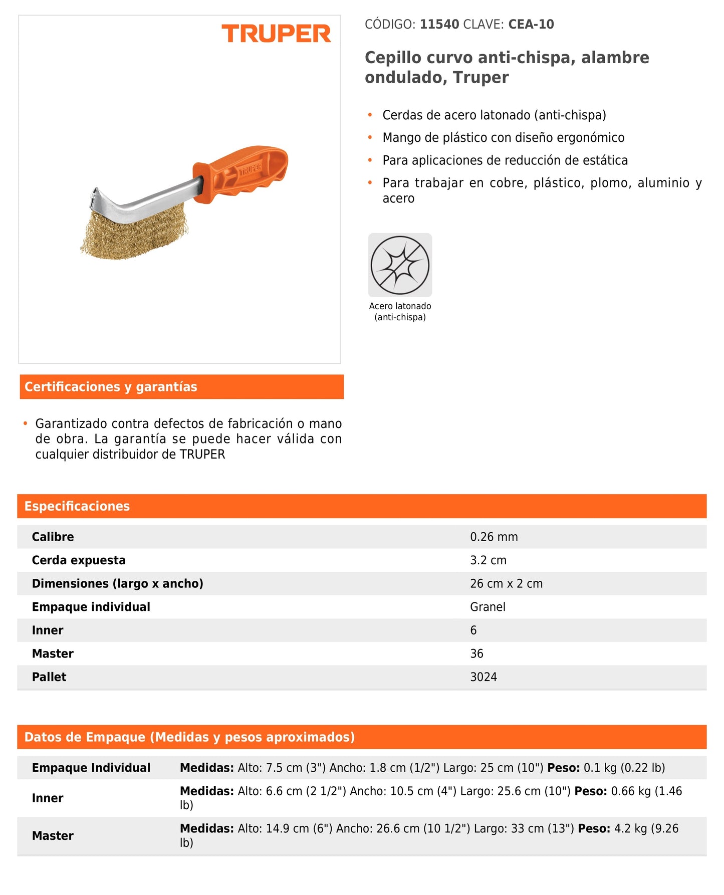 Cepillo curvo anti-chispa de 26 cm con cerdas de acero latonado y mango ergonómico