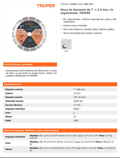 Disco de diamante de 7 in x 2.5 mm con rin segmentado para corte en concreto