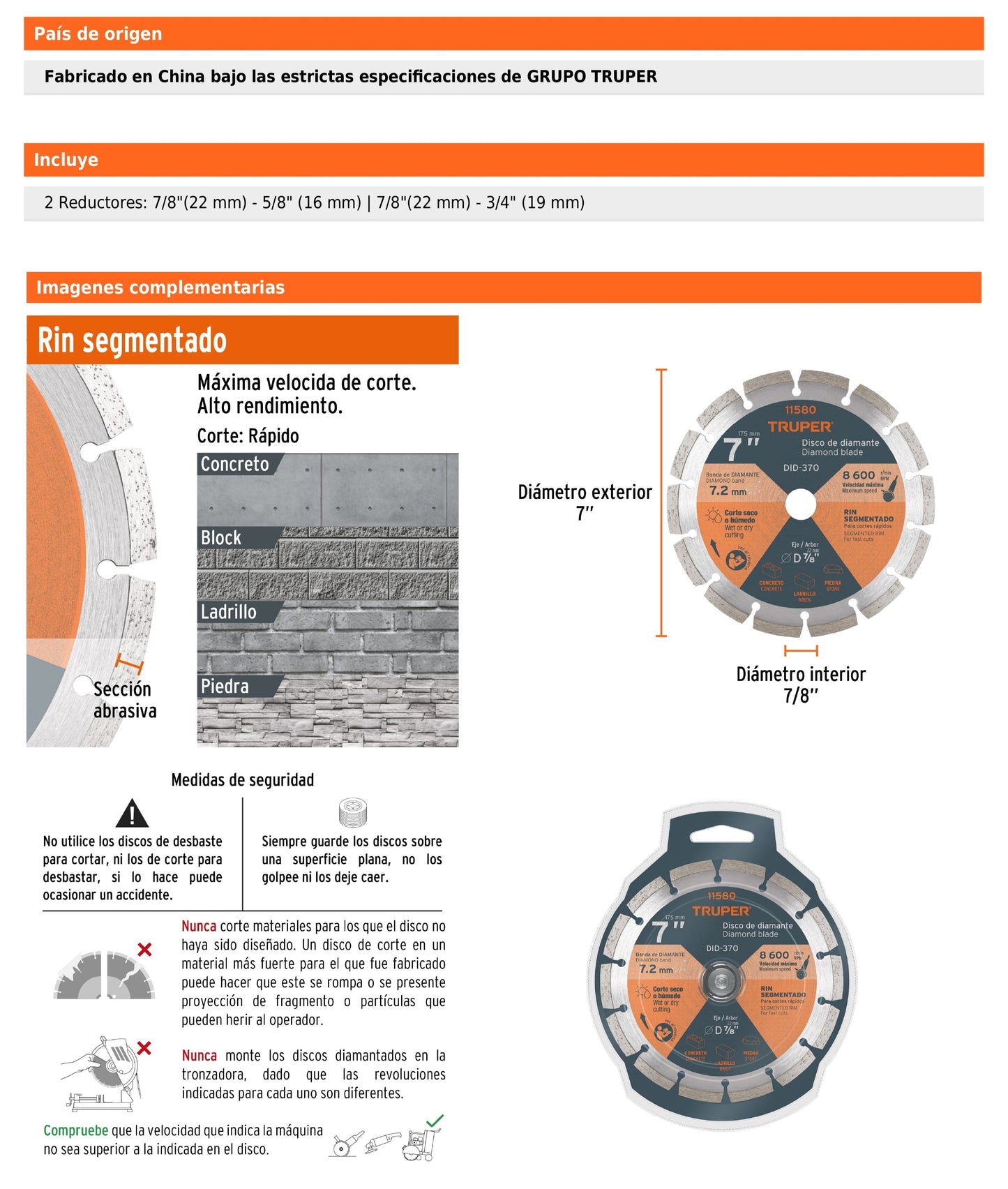 Disco de diamante de 7 in x 2.5 mm con rin segmentado para corte en concreto