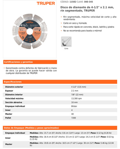 Disco de Diamante Rin Segmentado, Cortes Rápidos 4-1/2" x 2.1