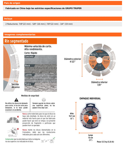 Disco de Diamante Rin Segmentado, Cortes Rápidos 4-1/2" x 2.1