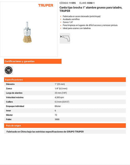 Cepillo de copa de alambre brocha taladro 1 pulg