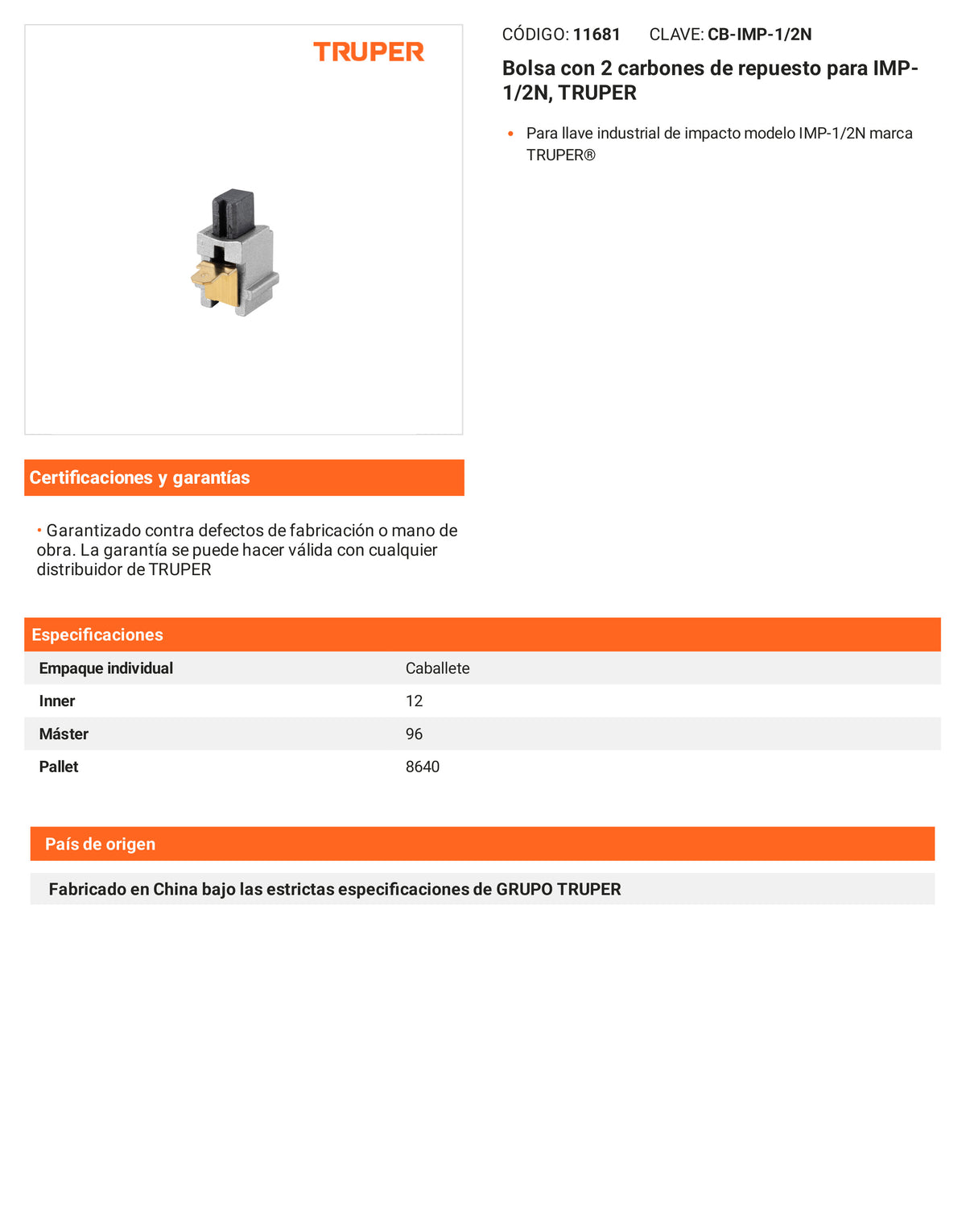 Ficha tecnica - 2 carbones para IMP-1/2N - SKU 11681