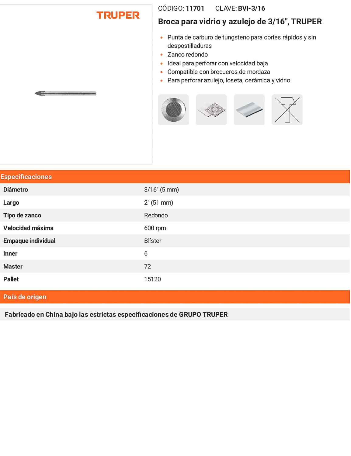 Broca para vidrio y azulejo de 3/16"