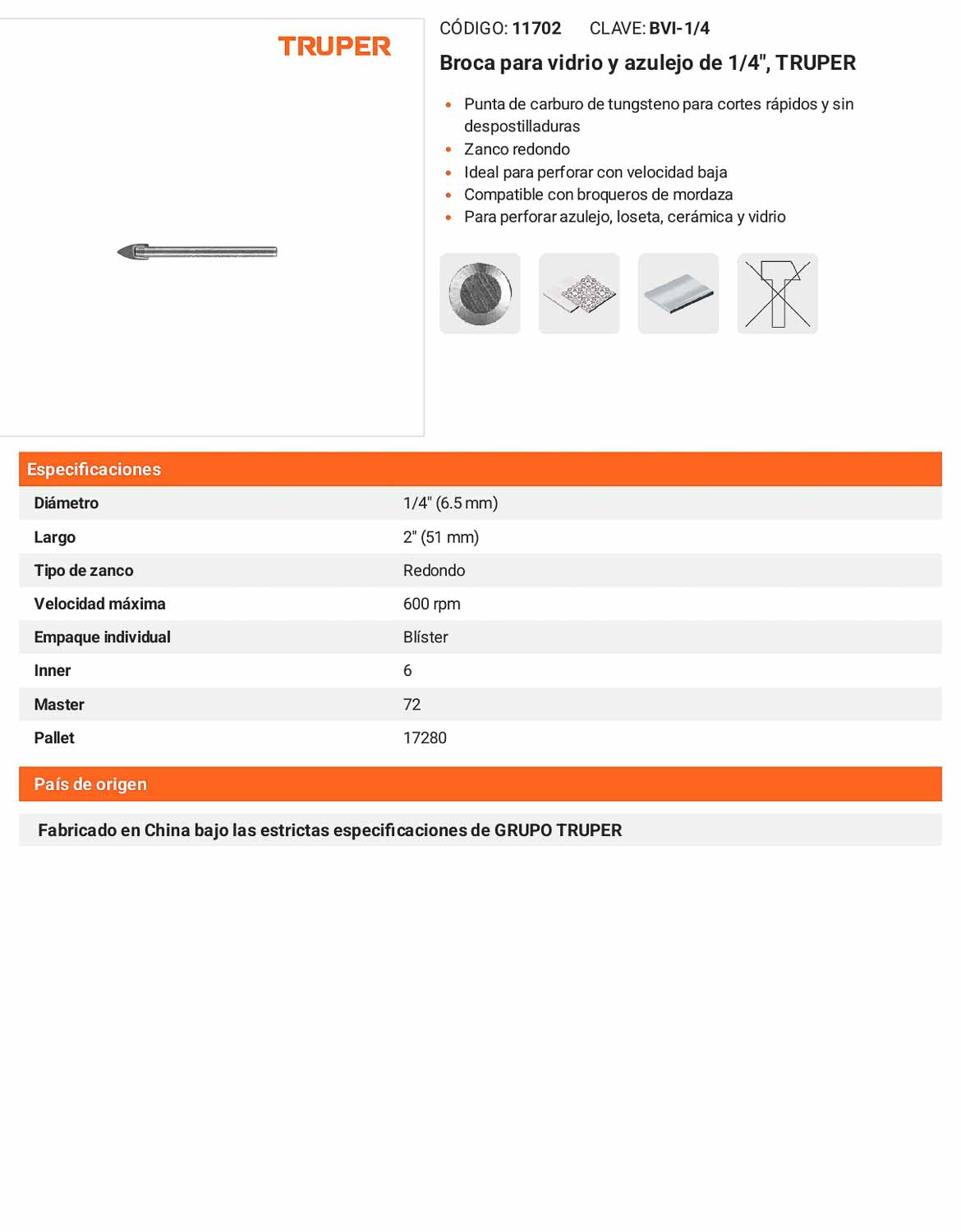 Broca para vidrio y azulejo de 1/4"